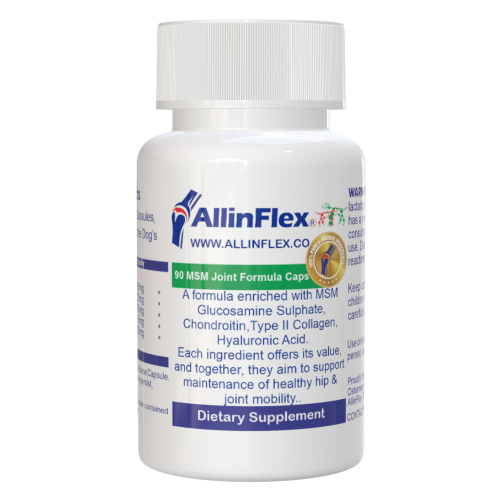 Joint formula designed for dogs, combining MSM with Glucosamine, Chondroitin, Collagen, and Hyaluronic Acid.